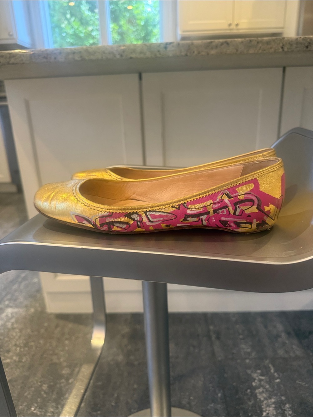 Christian Louboutin Gold and Pink Graffiti Ballet Flats - Picture 4 of 9